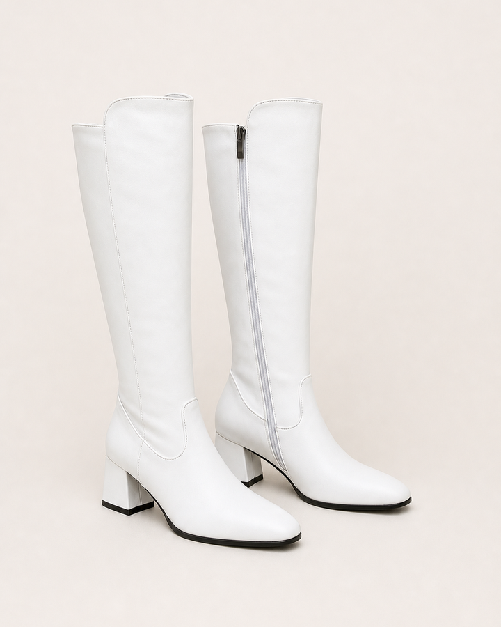 Juno | Block-heel Side-zip Knee-high Boot in white