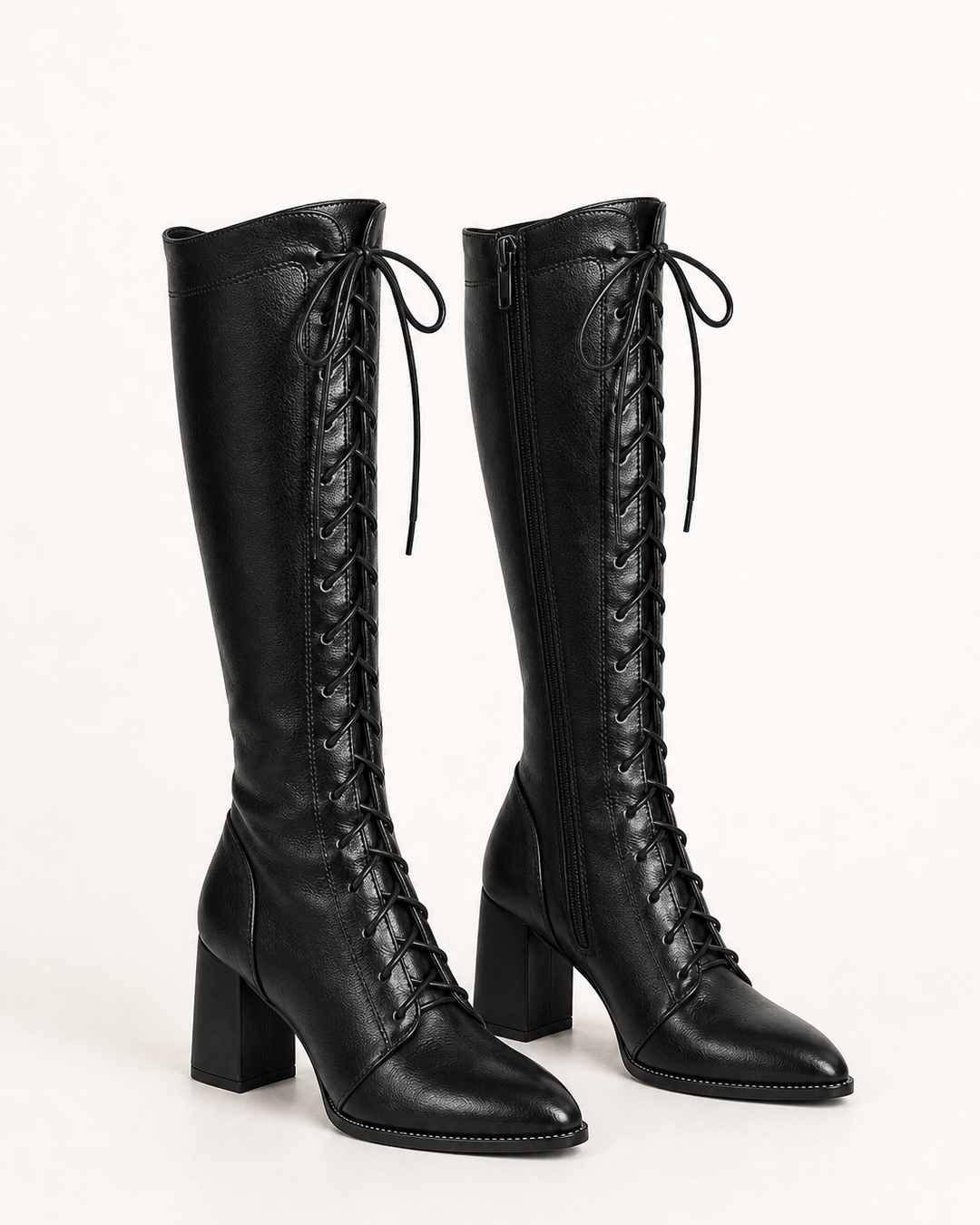 Jemima | Lace-up Block-heel Knee-high Boot with Inner Zip in black