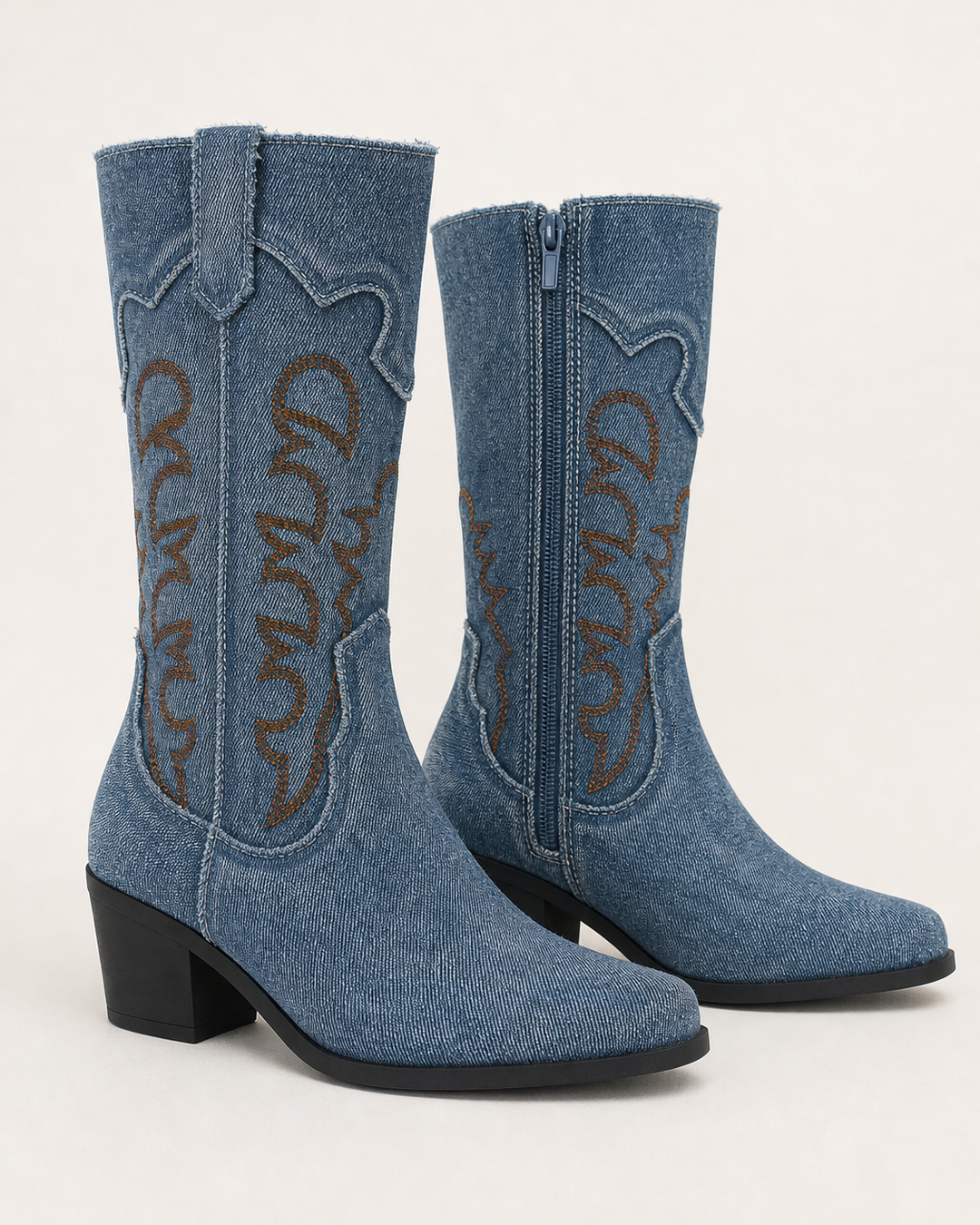 Lottie | Embroidered Denim Western Mid-calf Boot in dark wash denim