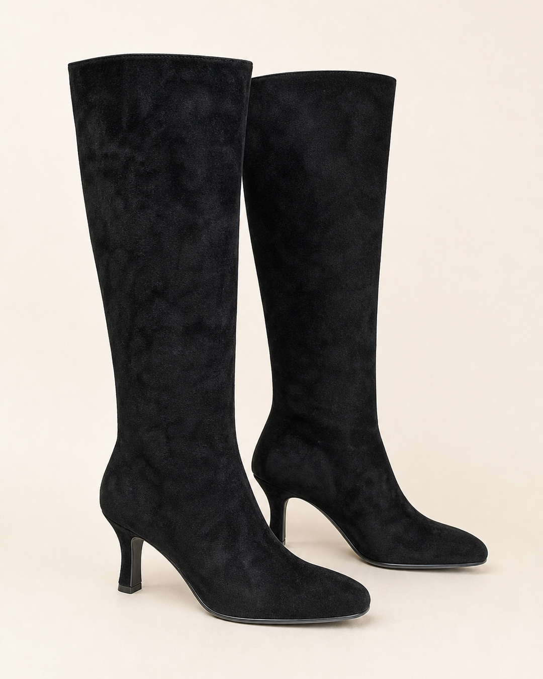 Frida | Suede Stiletto Knee-high Boot with Straight Shaft in black suede