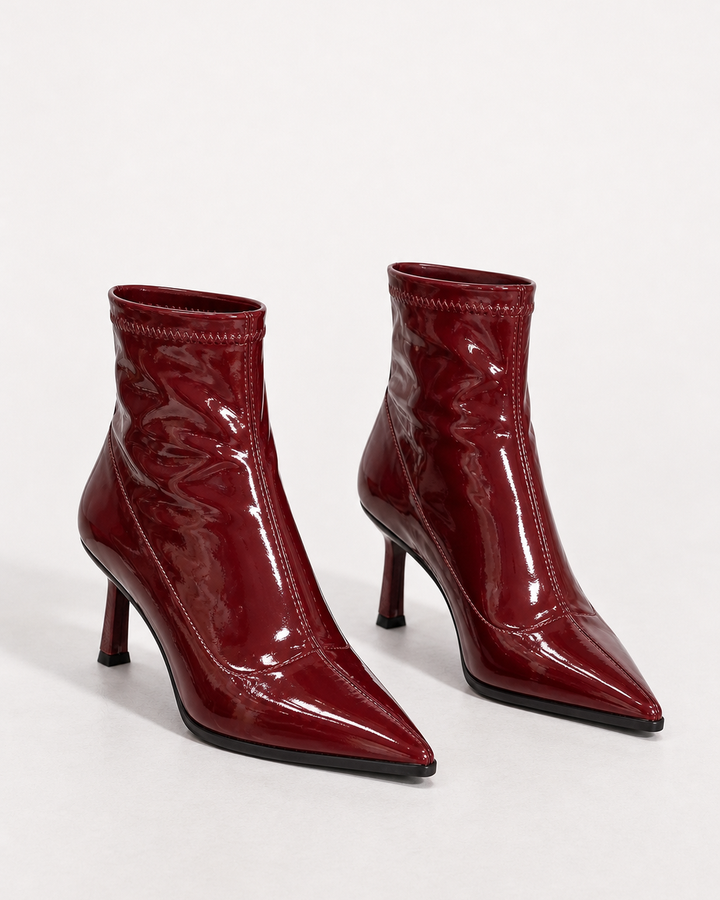 Phoebe | Patent-look Pointed-toe Stiletto Ankle Boot in wine red