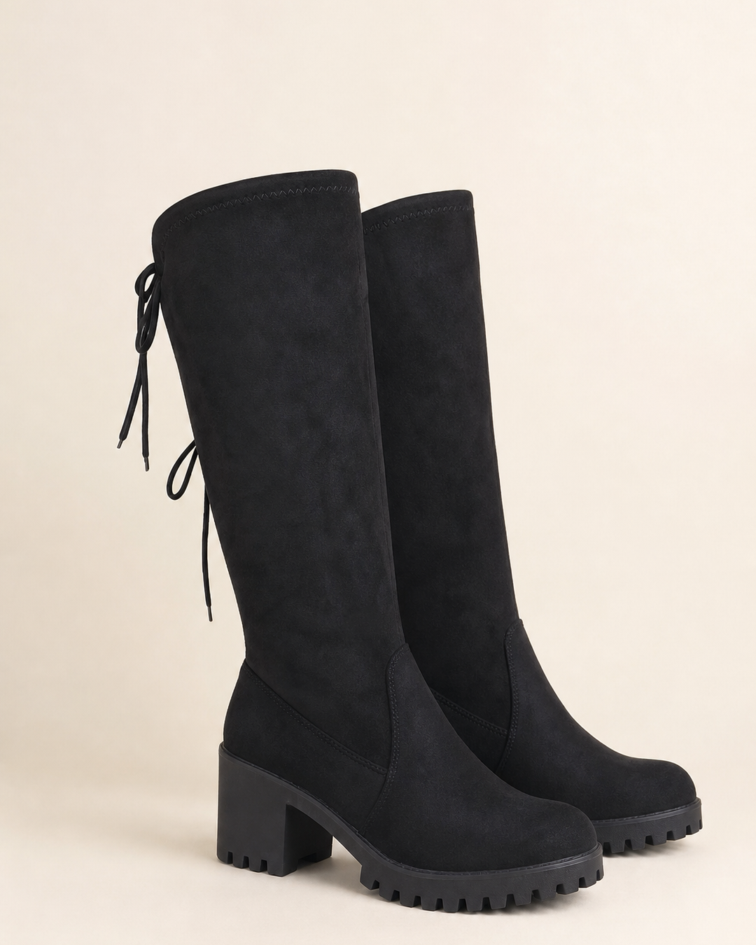 Vesper | Stretch Suede Over-the-knee Boot with Tie Detail in black - high heel