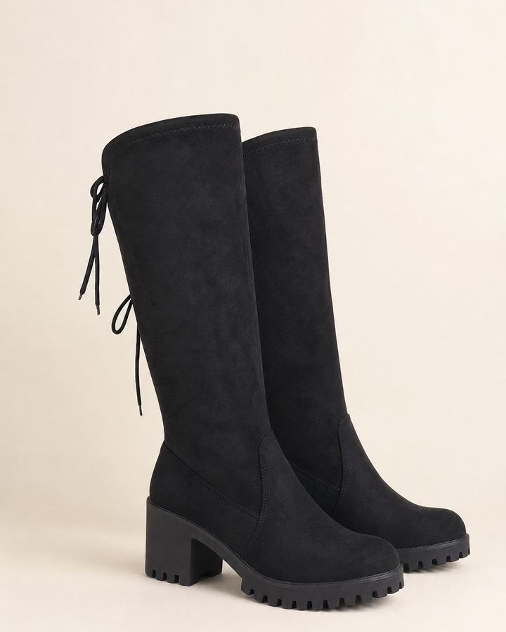 Vesper | Stretch Suede Over-the-knee Boot with Tie Detail in black - high heel