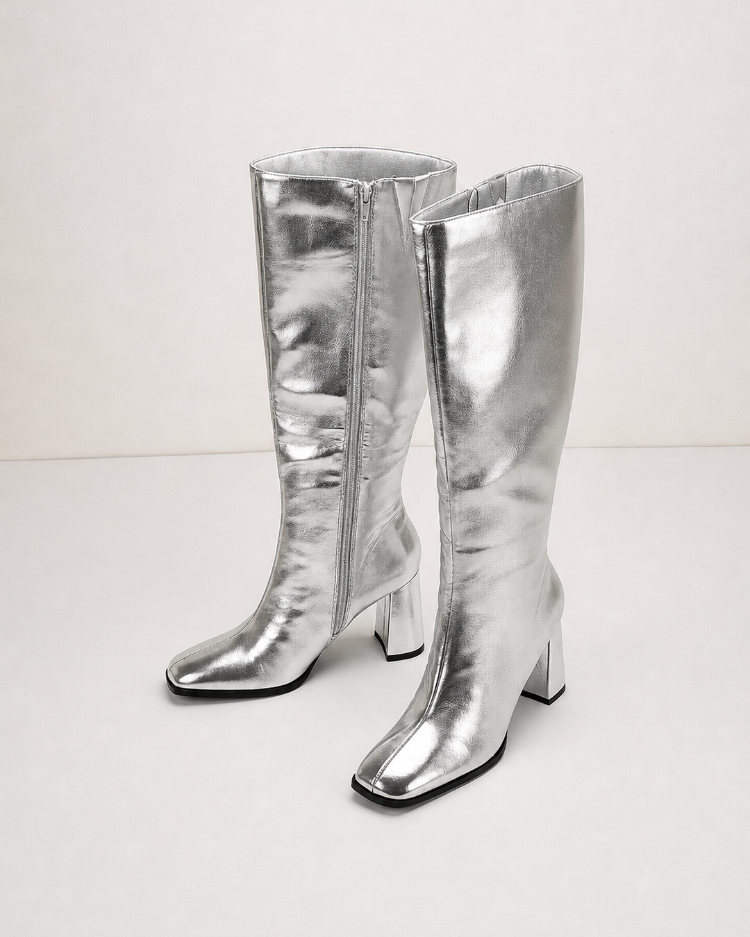 Felicity | Metallic Silver Block-heel Knee-high Boot with Side Zip in silver
