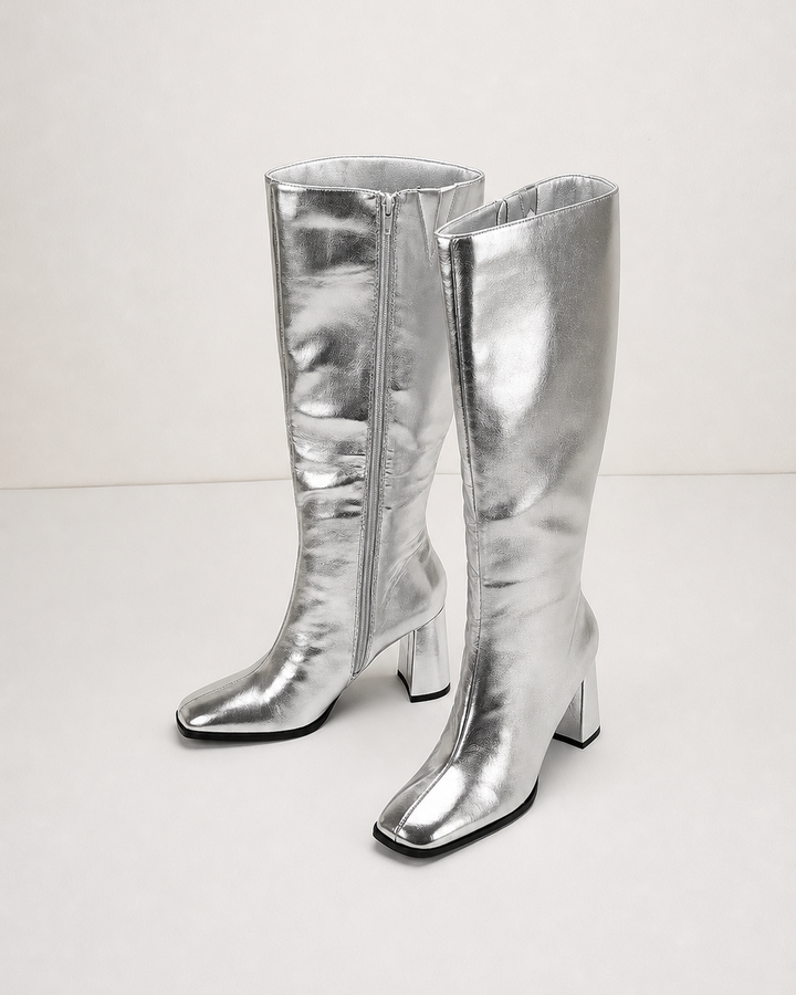 Felicity | Metallic Silver Block-heel Knee-high Boot with Side Zip in silver