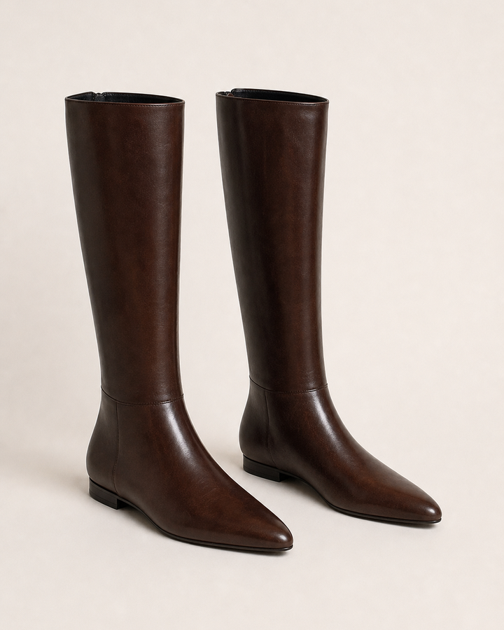 Gloria | Pointed-toe Flat Knee-high Riding Boot in brown