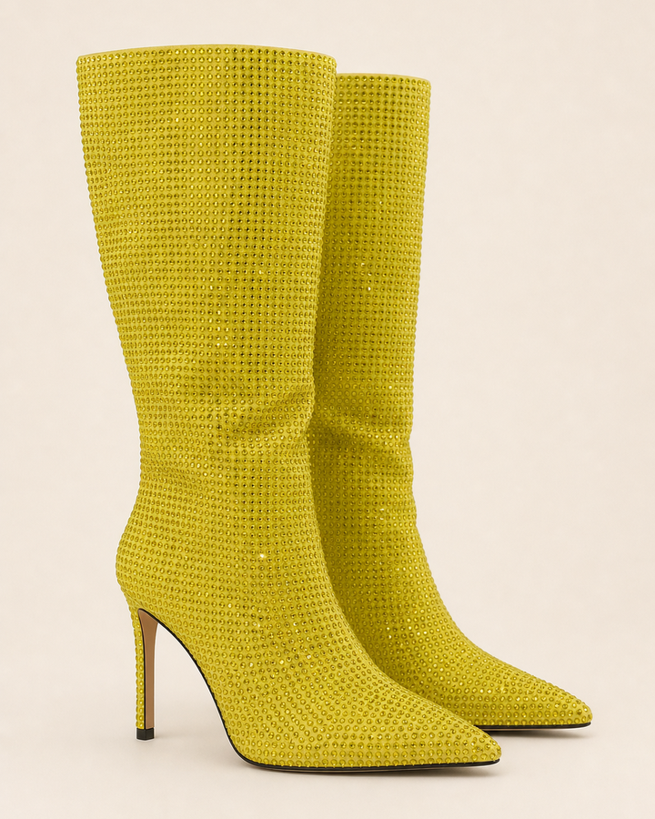 Gemma | Rhinestone Stiletto Knee-high Pull-on Boot in yellow