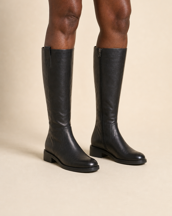 Zora | Faux Leather Knee-high Riding Boot with Inner Zip worn