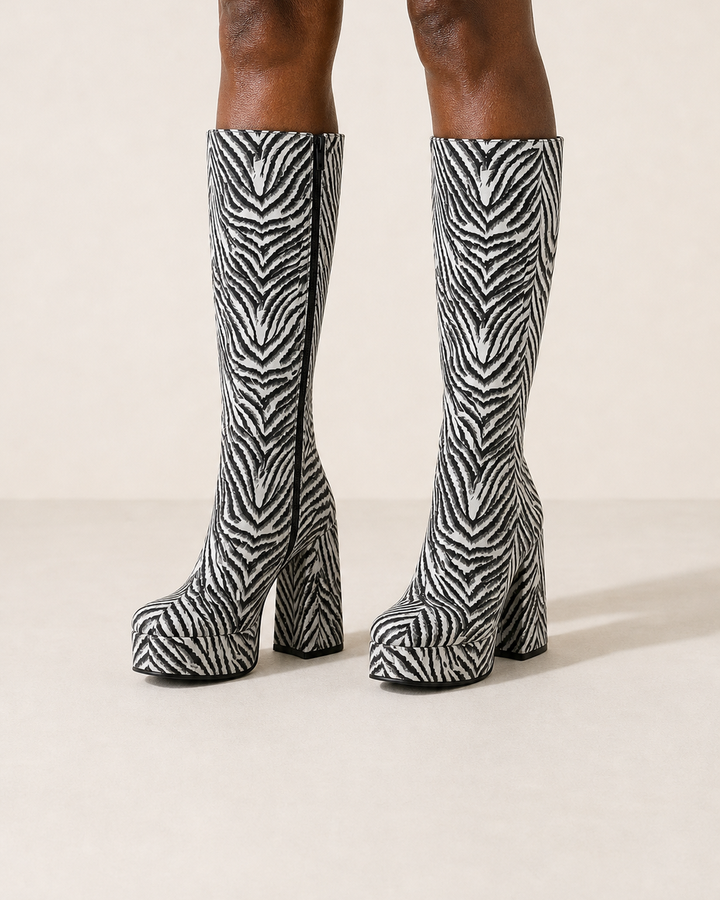 Jolie | High Block-heel Platform Knee Boot in Bold Prints worn