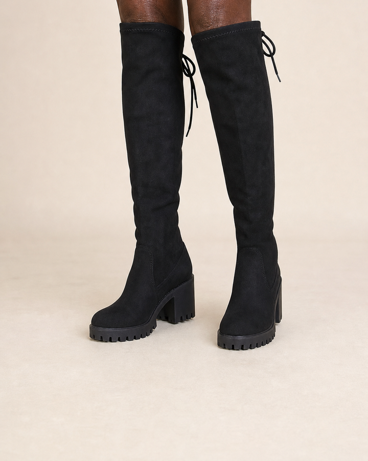 Vesper | Stretch Suede Over-the-knee Boot with Tie Detail worn