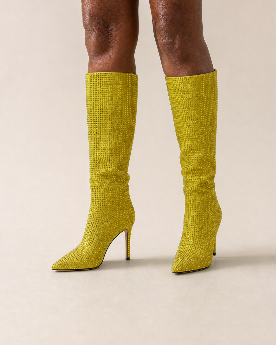 Gemma | Rhinestone Stiletto Knee-high Pull-on Boot worn