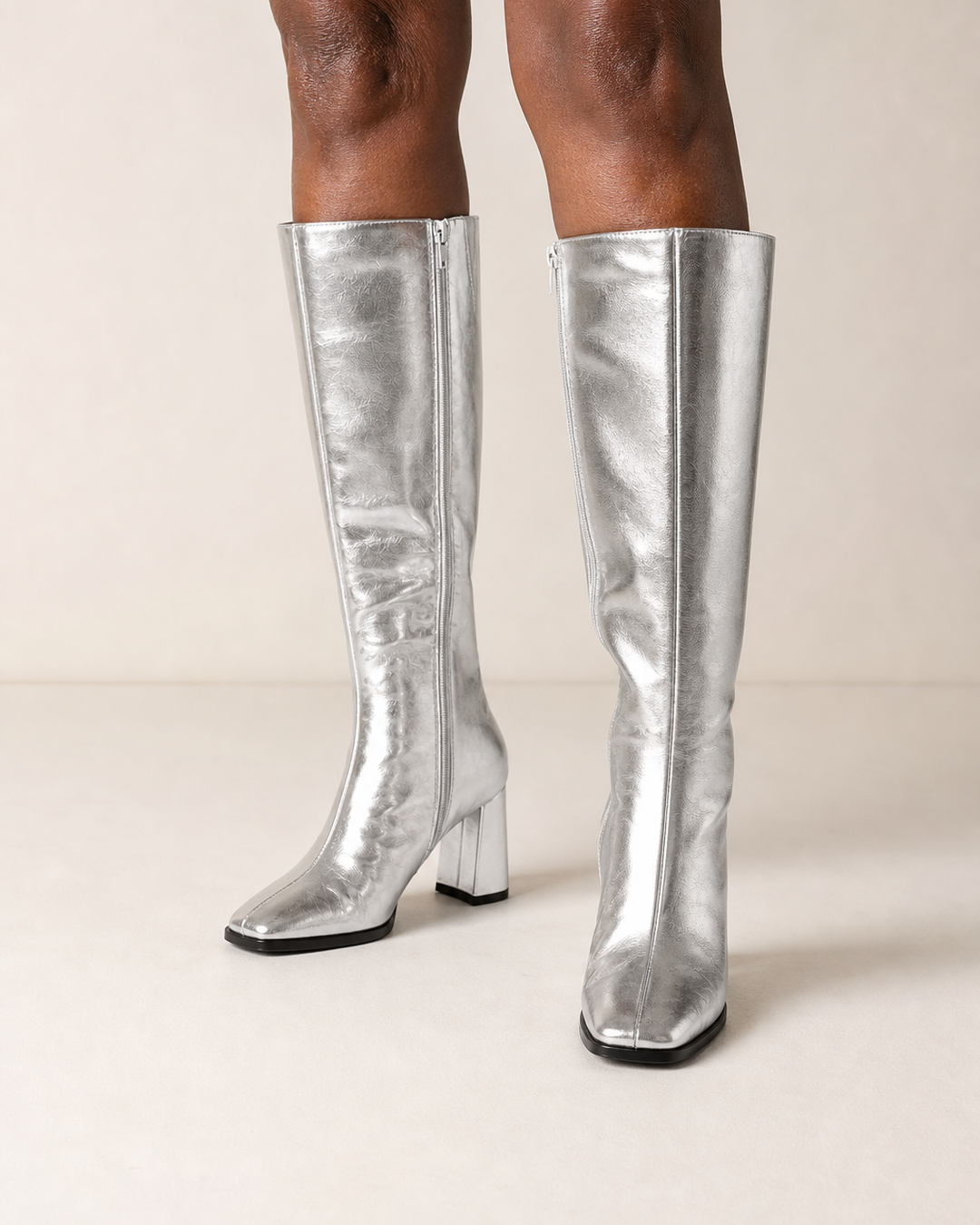 Felicity | Metallic Silver Block-heel Knee-high Boot with Side Zip worn