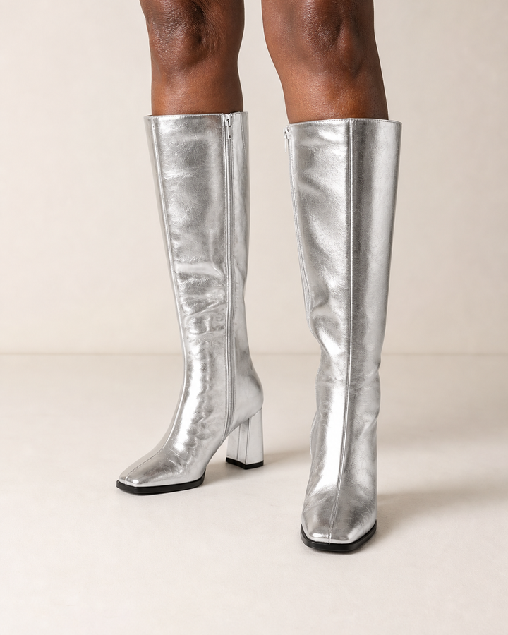 Felicity | Metallic Silver Block-heel Knee-high Boot with Side Zip worn