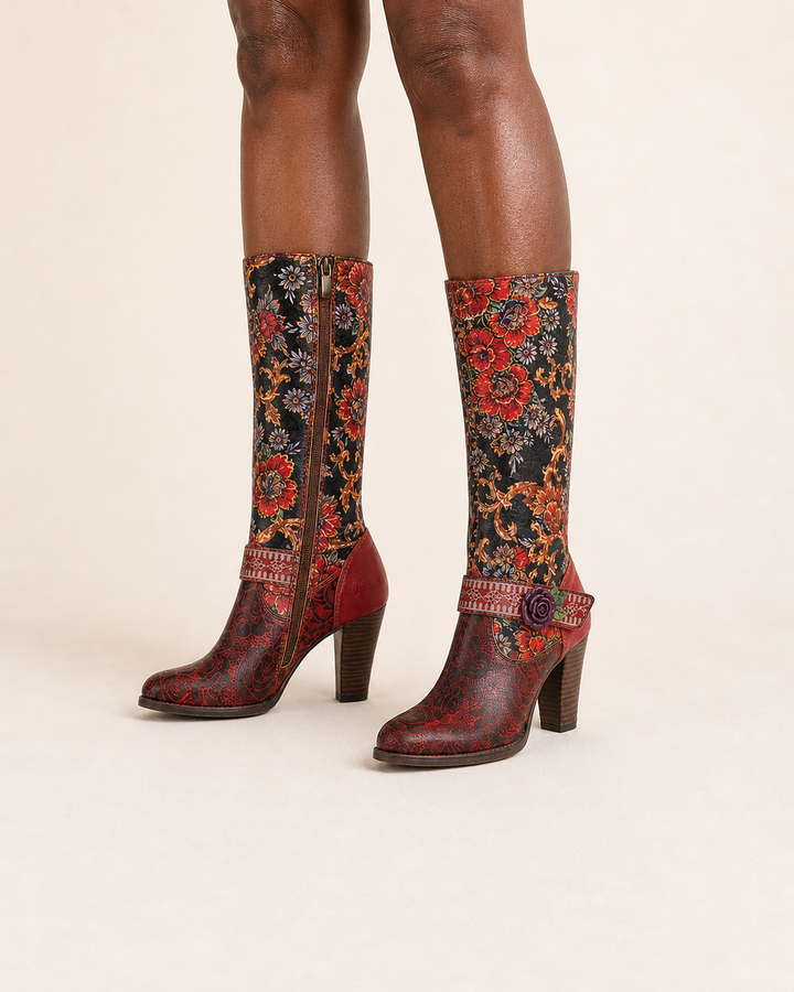 Cecile | Floral Block-heel Knee-high Boot with Side Zip worn
