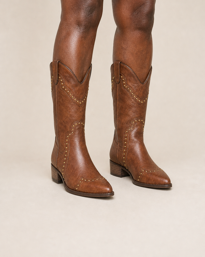 Hester | Studded Western Pull-on Knee-high Boot worn