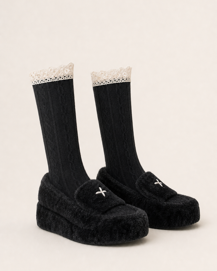 Mina | Lace-trim Cable-knit Socks in Two Lengths in black - calf 53 cm