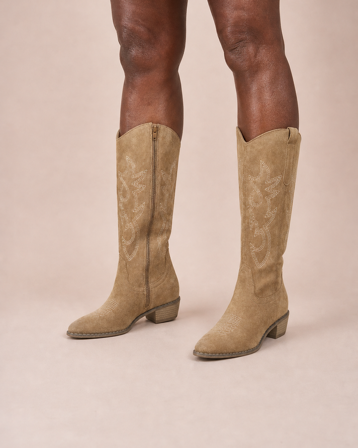 Ivy | Embroidered Western Knee-high Boot with Inner Zip worn