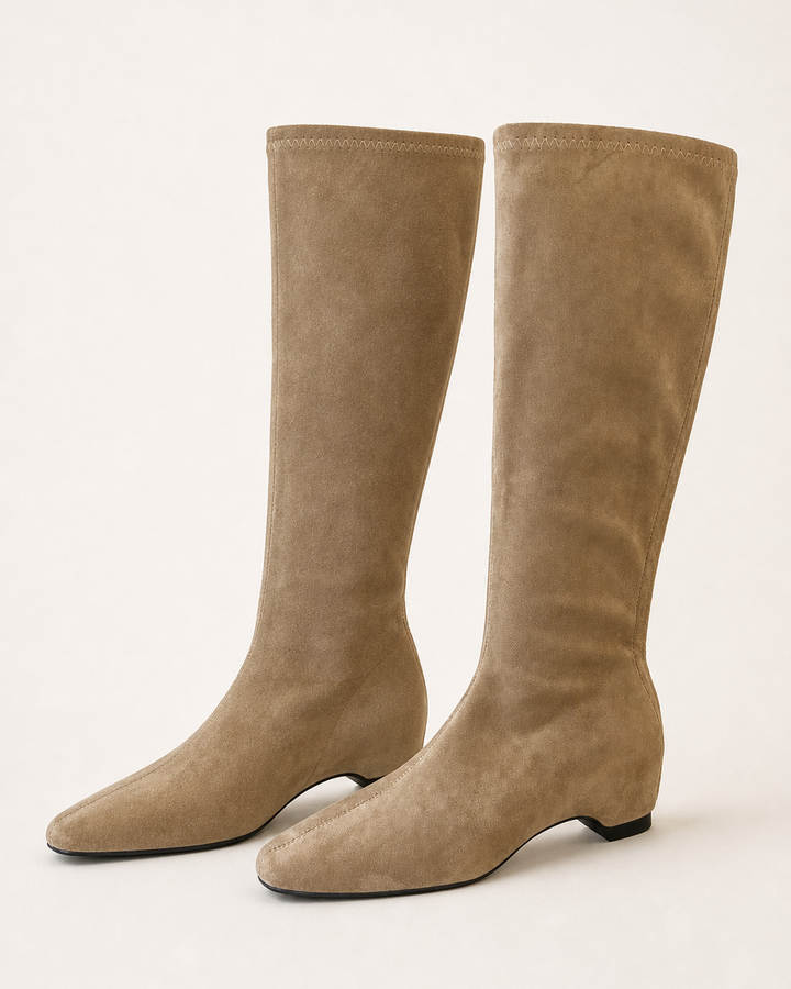 Edie | Stretch Suede Sock-fit Knee-high Boot in camel