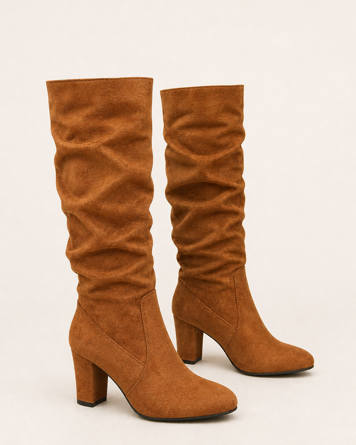 Rowena | Leopard Slouchy Block-heel Knee-high Boot in camel