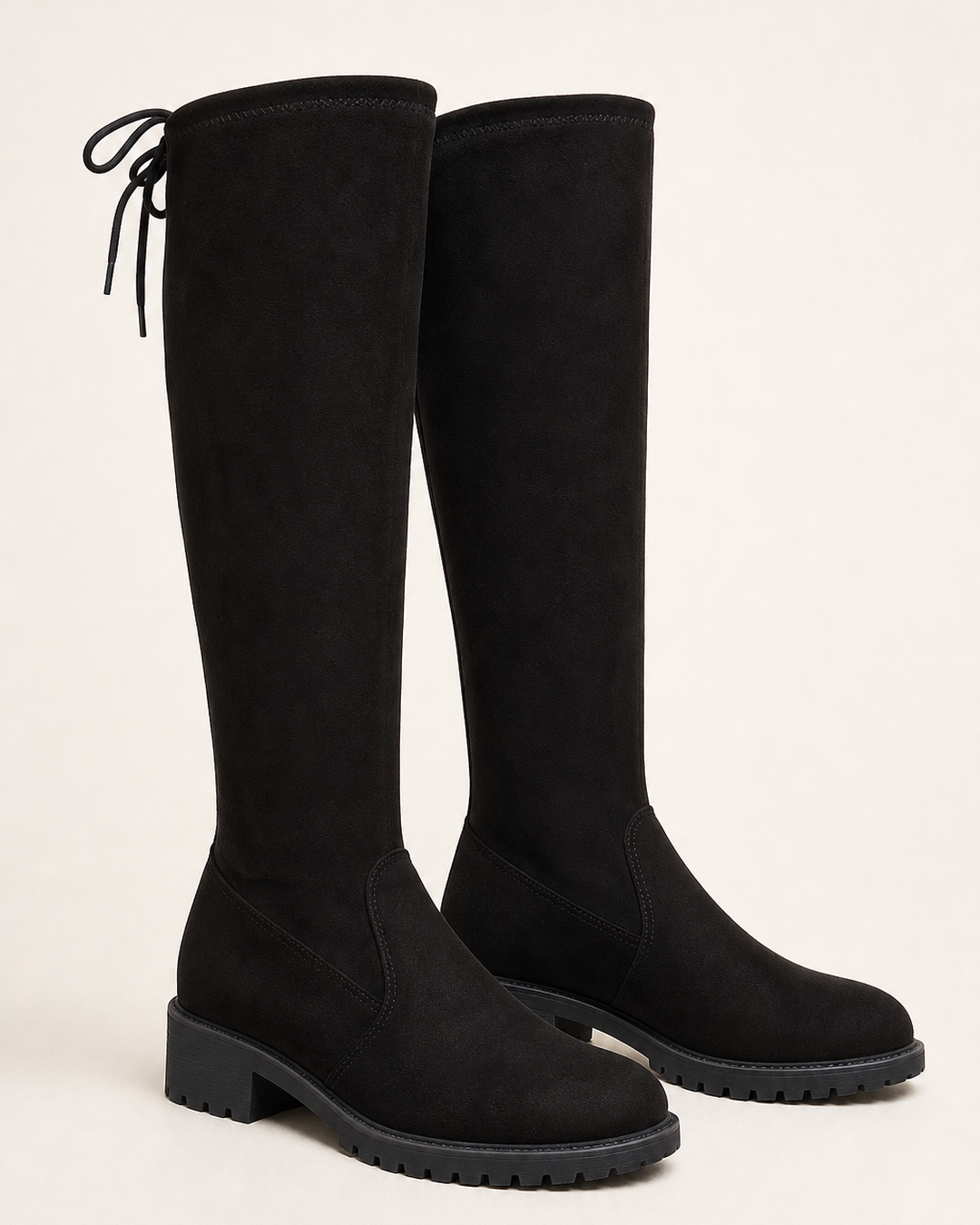 Vesper | Stretch Suede Over-the-knee Boot with Tie Detail in black - low heel
