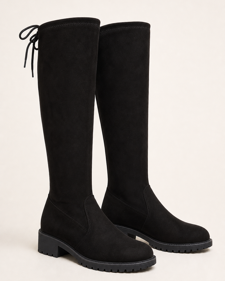 Vesper | Stretch Suede Over-the-knee Boot with Tie Detail in black - low heel