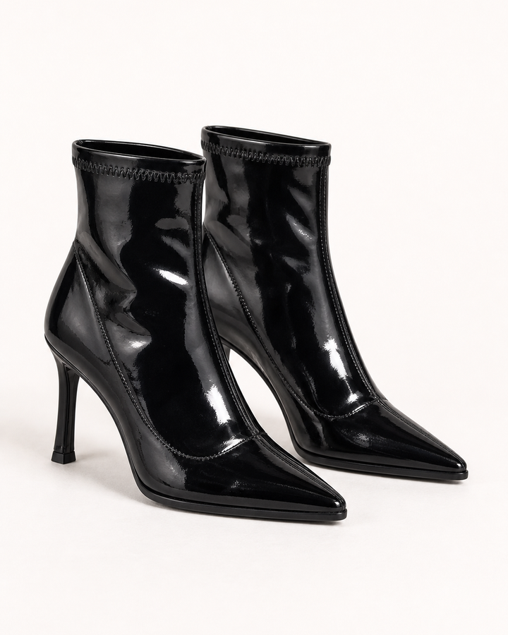Phoebe | Patent-look Pointed-toe Stiletto Ankle Boot in black