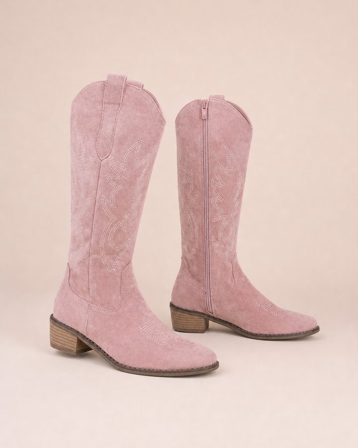 Ivy | Embroidered Western Knee-high Boot with Inner Zip in rosa