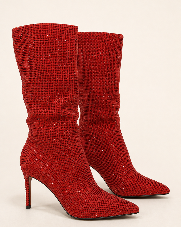 Gemma | Rhinestone Stiletto Knee-high Pull-on Boot in red