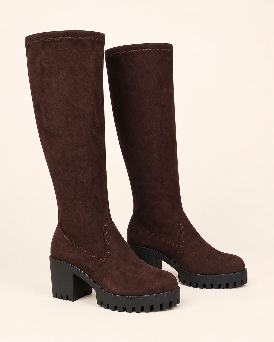 Vesper | Stretch Suede Over-the-knee Boot with Tie Detail in brown - high heel
