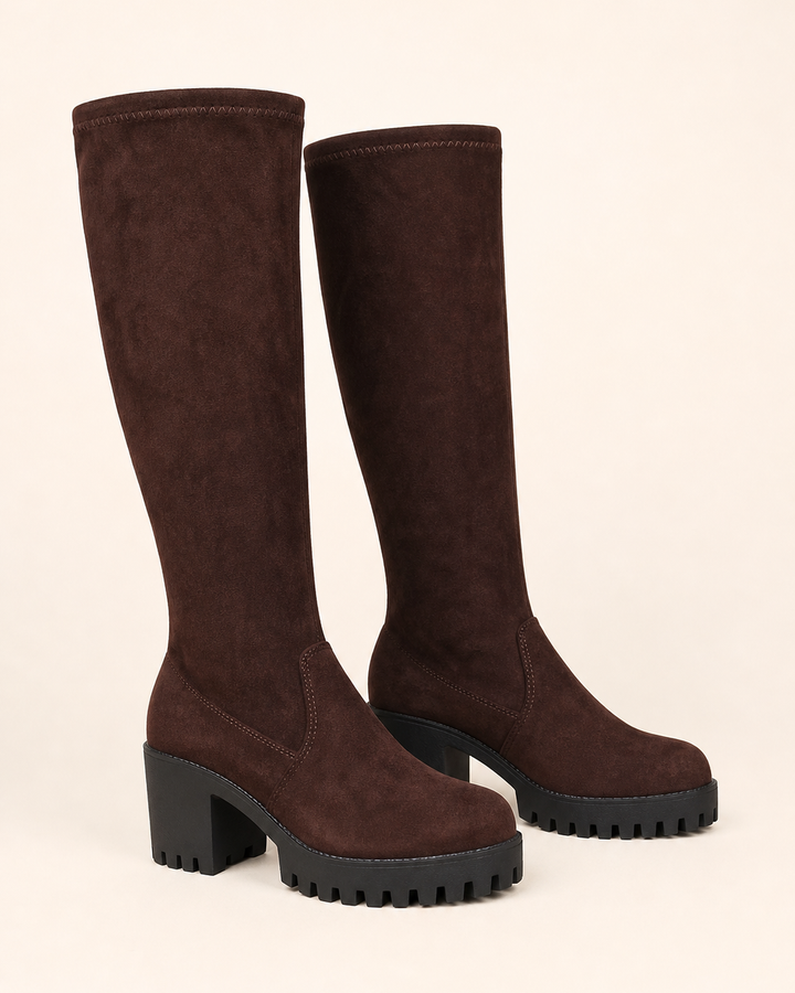 Vesper | Stretch Suede Over-the-knee Boot with Tie Detail in brown - high heel