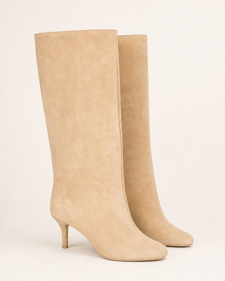 Frida | Suede Stiletto Knee-high Boot with Straight Shaft in light apricot suede
