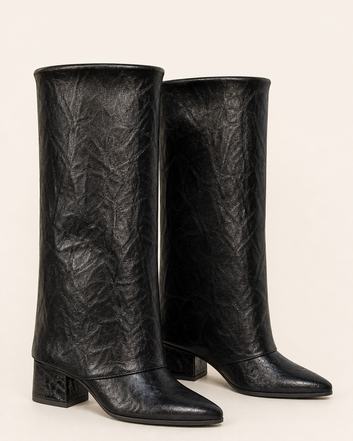 Tilda | Fold-over Cuff Block-heel Knee-high Boot in black