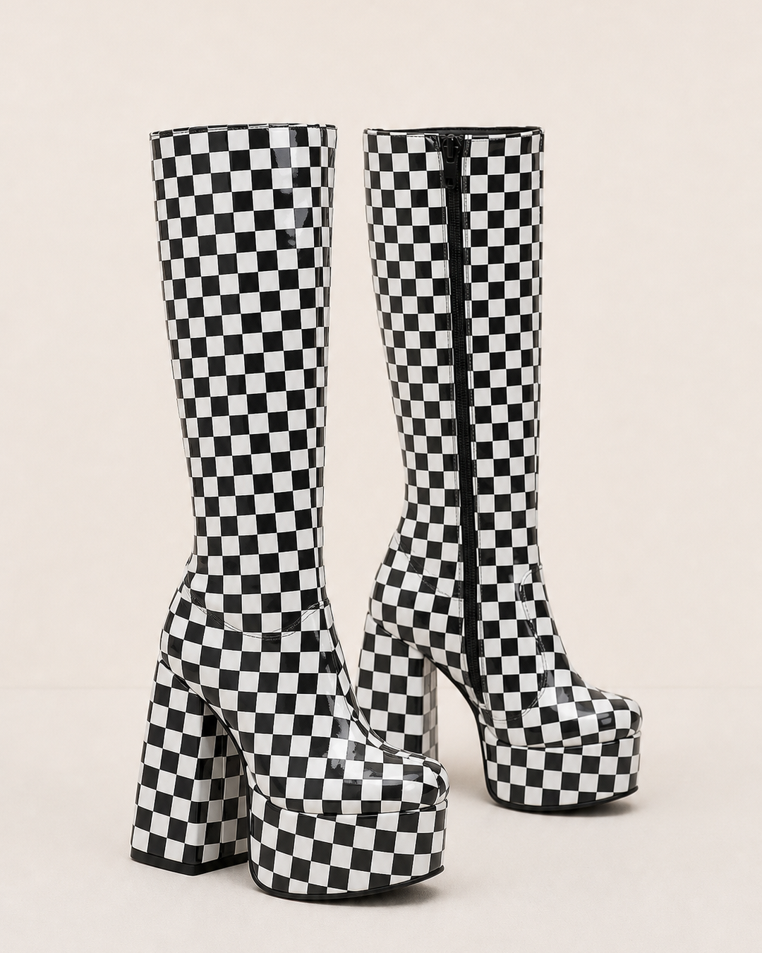 Jolie | High Block-heel Platform Knee Boot in Bold Prints in checkerboard