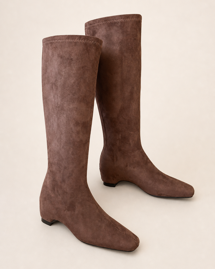 Edie | Stretch Suede Sock-fit Knee-high Boot in coffee brown