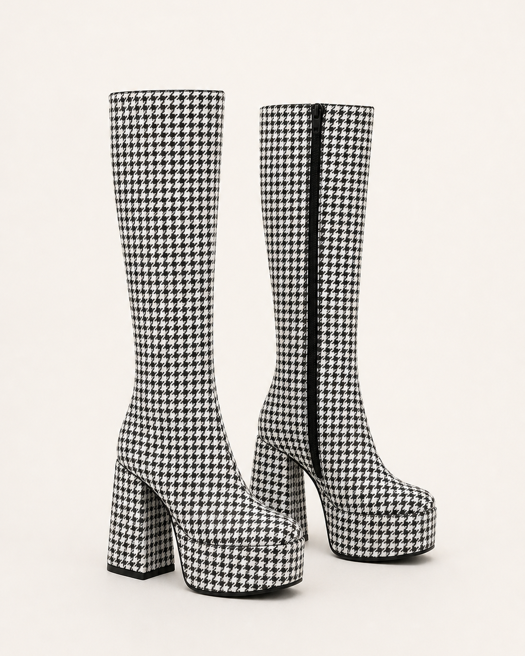 Jolie | High Block-heel Platform Knee Boot in Bold Prints in houndstooth