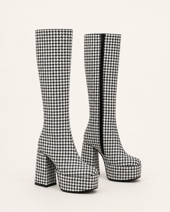 Jolie | High Block-heel Platform Knee Boot in Bold Prints in houndstooth