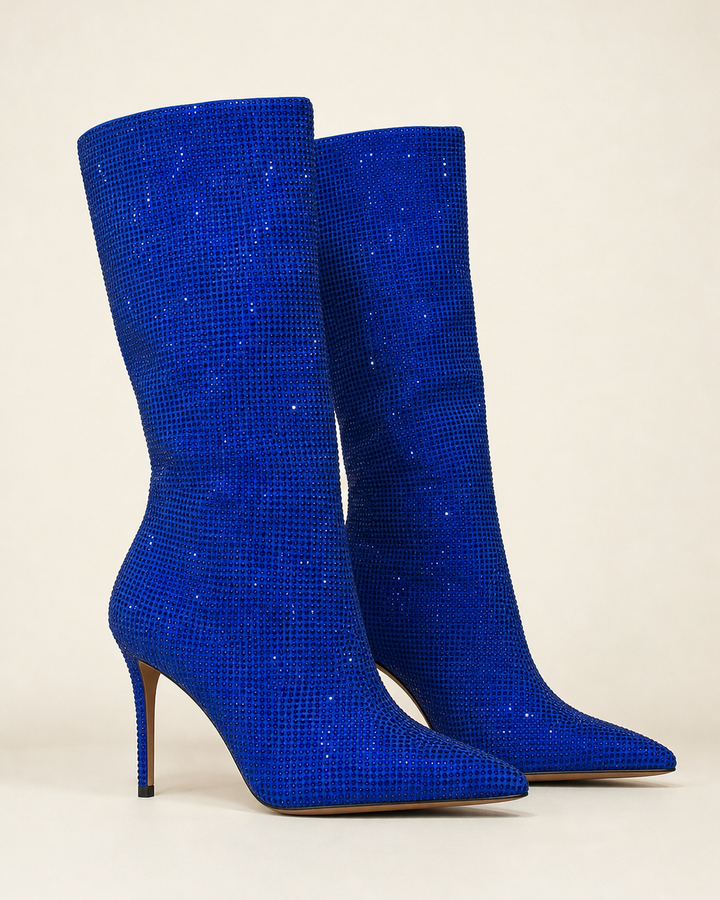 Gemma | Rhinestone Stiletto Knee-high Pull-on Boot in cobalt blue