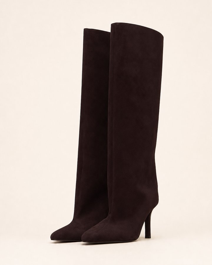Frida | Suede Stiletto Knee-high Boot with Straight Shaft in dark brown