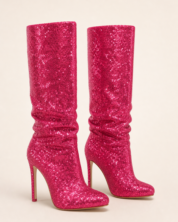 Gemma | Rhinestone Stiletto Knee-high Pull-on Boot in magenta
