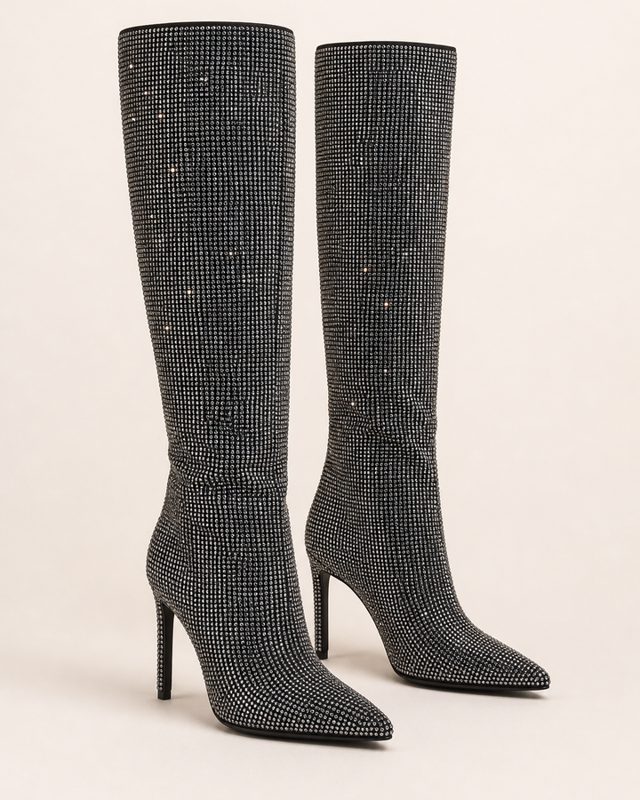 Gemma | Rhinestone Stiletto Knee-high Pull-on Boot in black with silver crystals