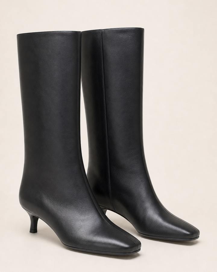 Frida | Suede Stiletto Knee-high Boot with Straight Shaft in black patent