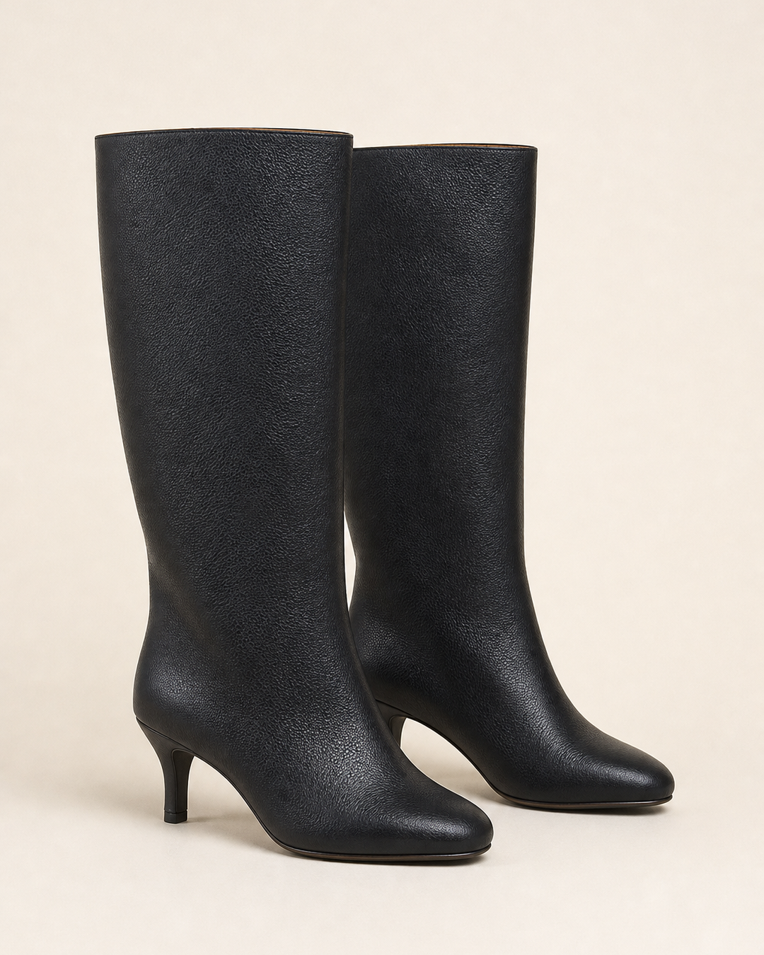 Frida | Suede Stiletto Knee-high Boot with Straight Shaft in black pebbled leather