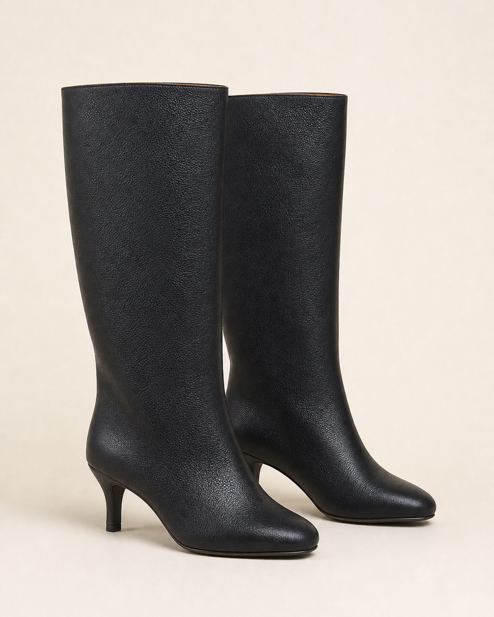 Frida | Suede Stiletto Knee-high Boot with Straight Shaft in black pebbled leather