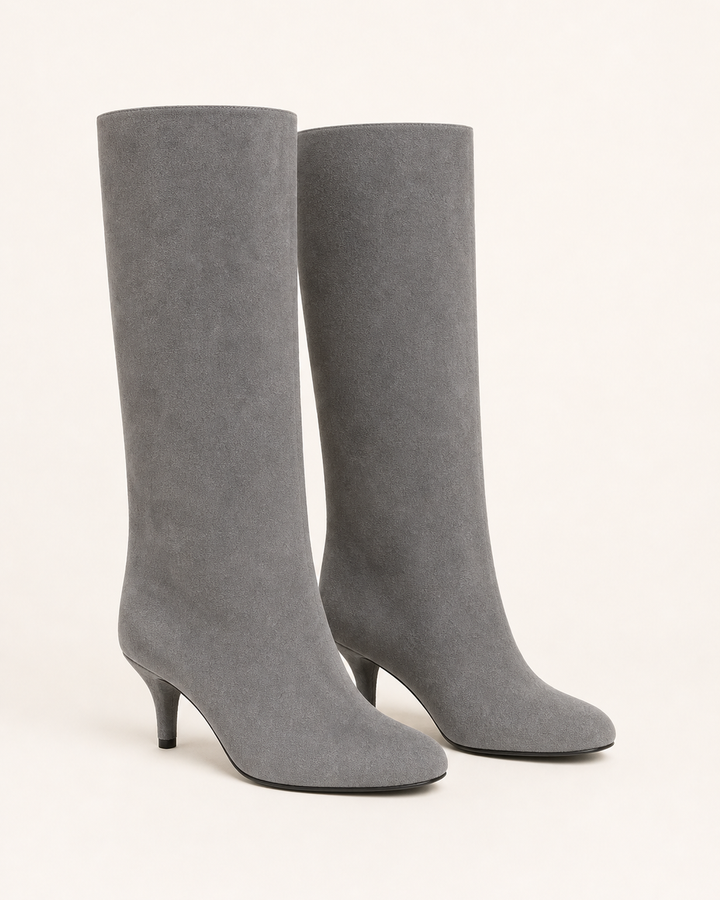 Frida | Suede Stiletto Knee-high Boot with Straight Shaft in grey suede