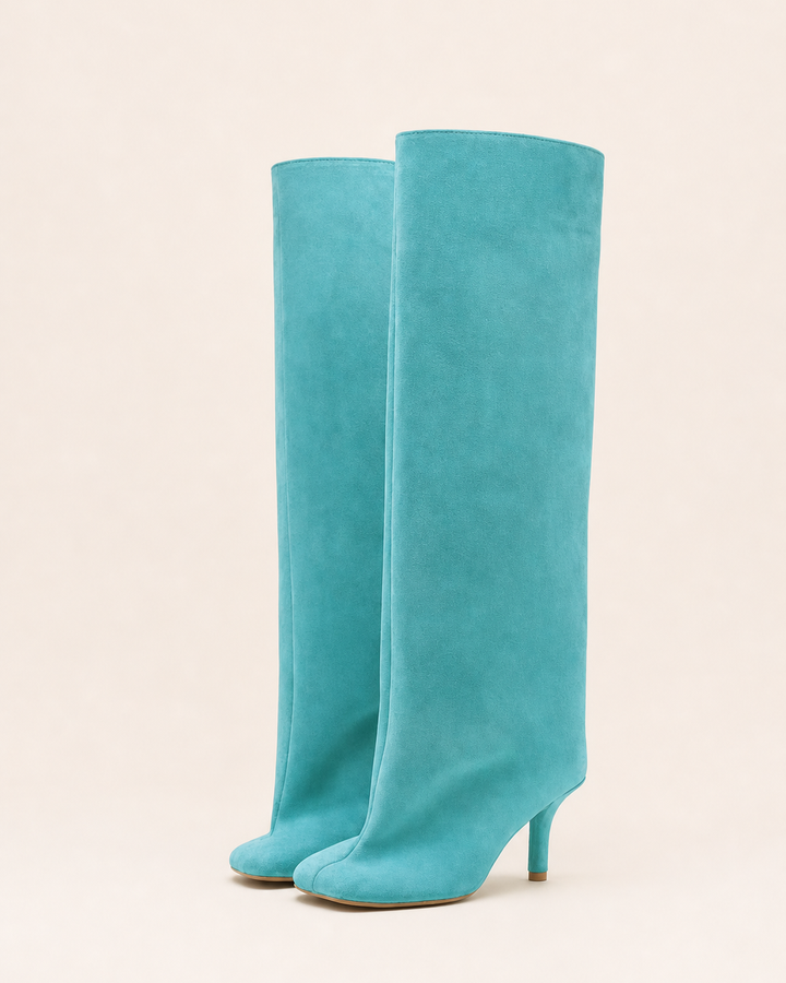 Frida | Suede Stiletto Knee-high Boot with Straight Shaft in turquoise suede