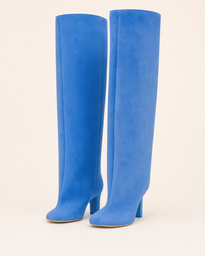 Frida | Suede Stiletto Knee-high Boot with Straight Shaft in blue suede