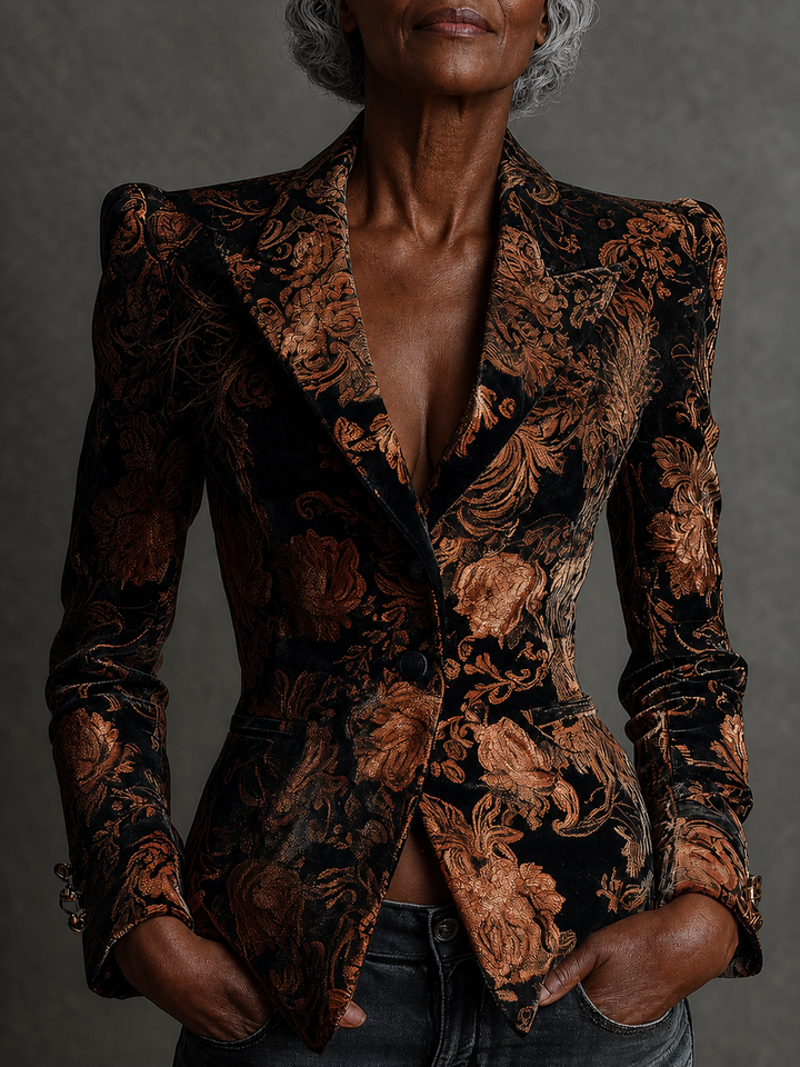 Folashade | Black and Bronze Floral Print Tailored Blazer