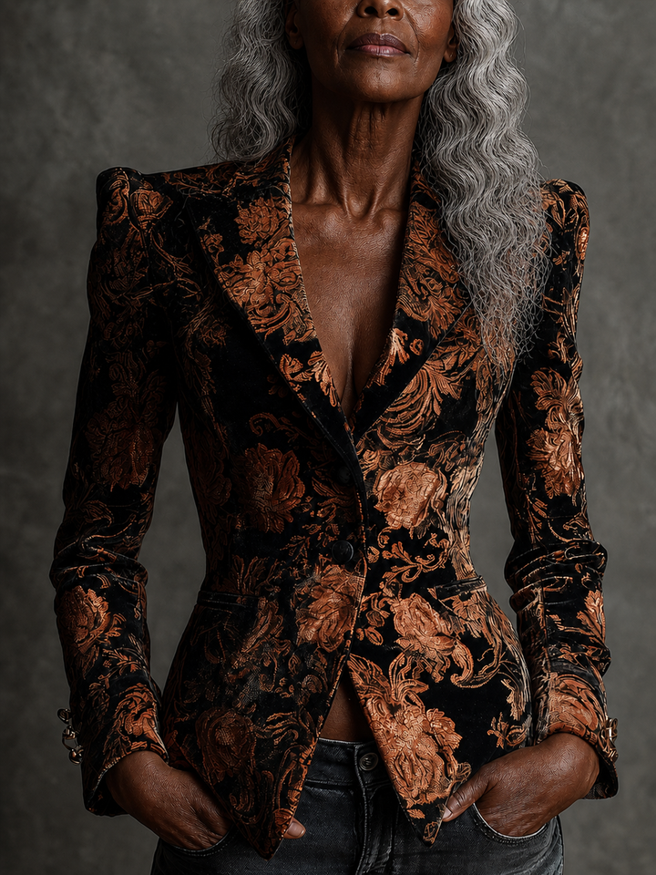 Folashade | Black and Bronze Floral Print Tailored Blazer