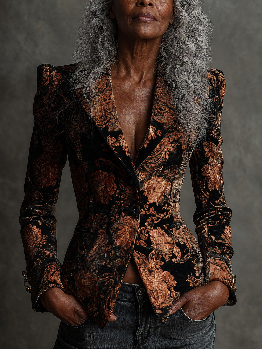 Folashade | Black and Bronze Floral Print Tailored Blazer