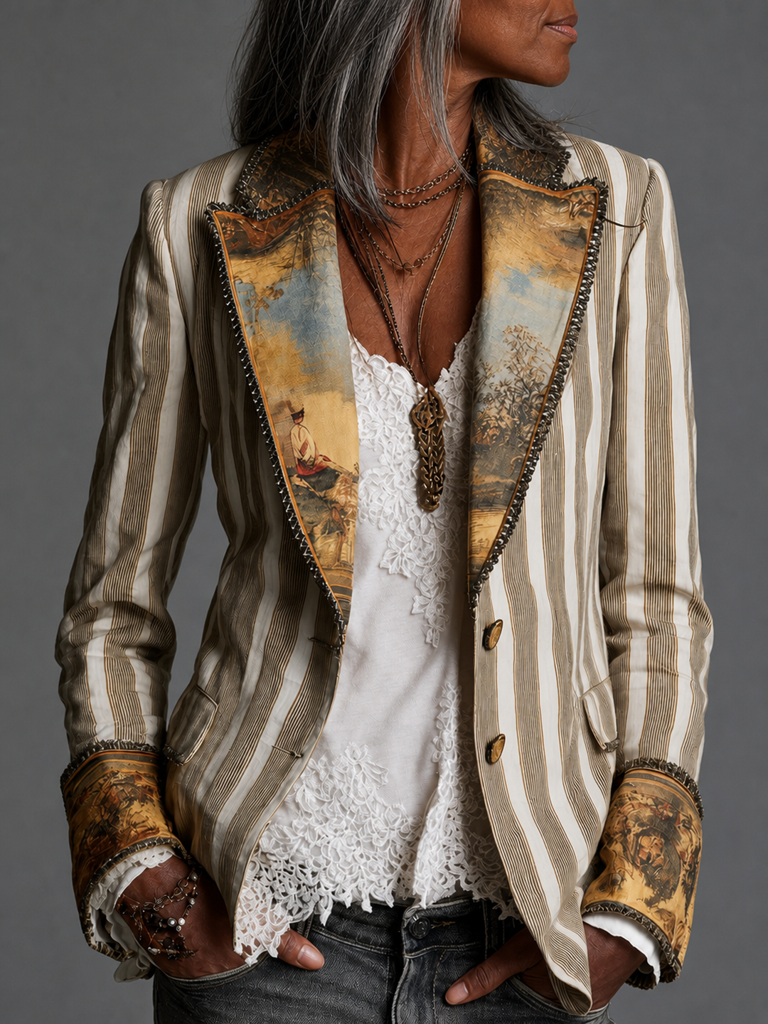 Genevra | Boho Striped Printed Lapel Blazer
